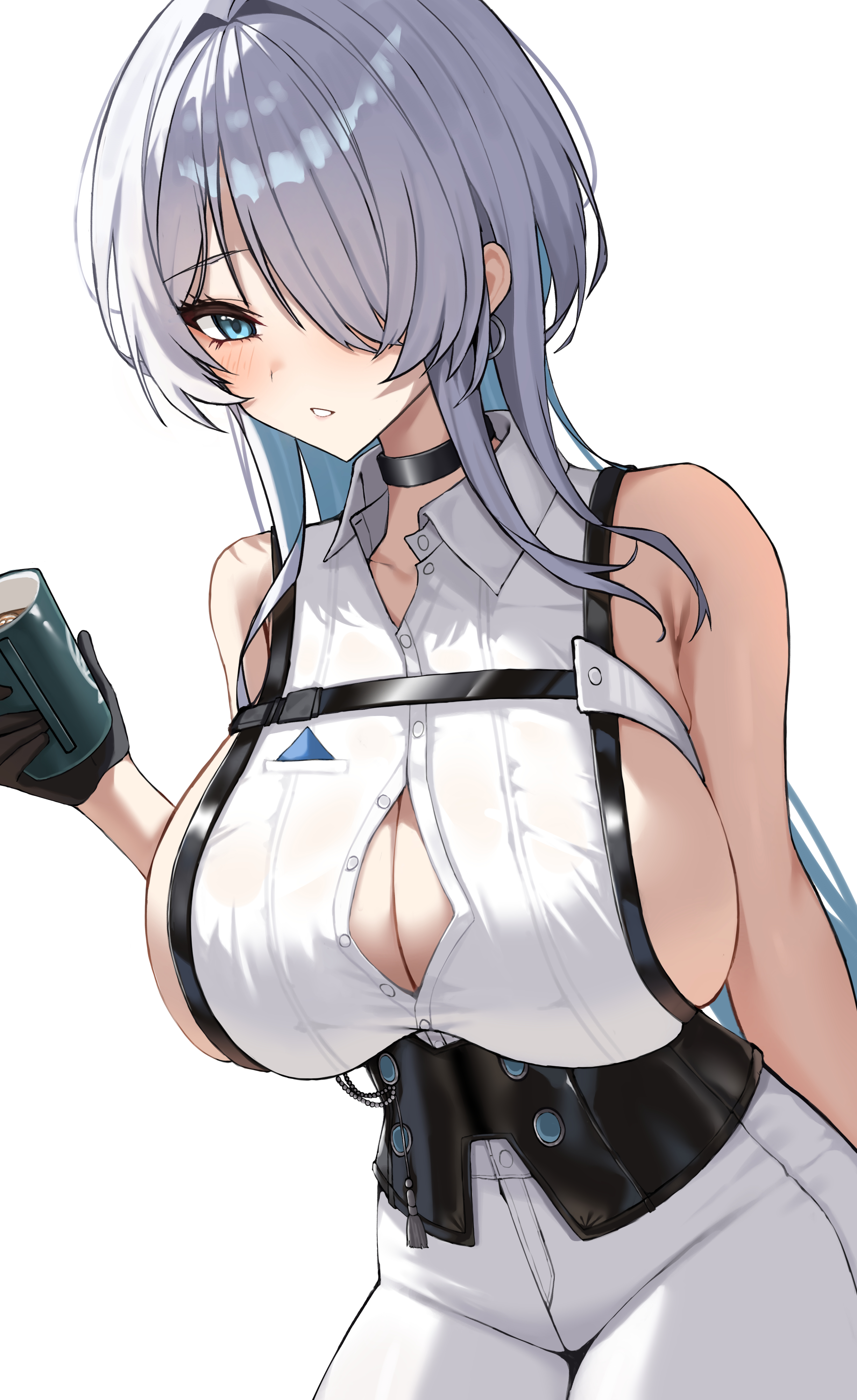 murding, brid (nikke), brid (silent track) (nikke), goddess of victory: nikke, absurdres, highres, 1girl, armpit crease, black choker, black gloves, blue eyes, blue hair, blush, breasts, choker, cleavage, collared shirt, colored inner hair, corset, cup, earrings, gloves, grey hair, hair over one eye, holding, holding cup, hoop earrings, jewelry, large breasts, multicolored hair, pants, parted lips, shirt, simple background, sleeveless, sleeveless shirt, solo, white background, white pants, white shirt