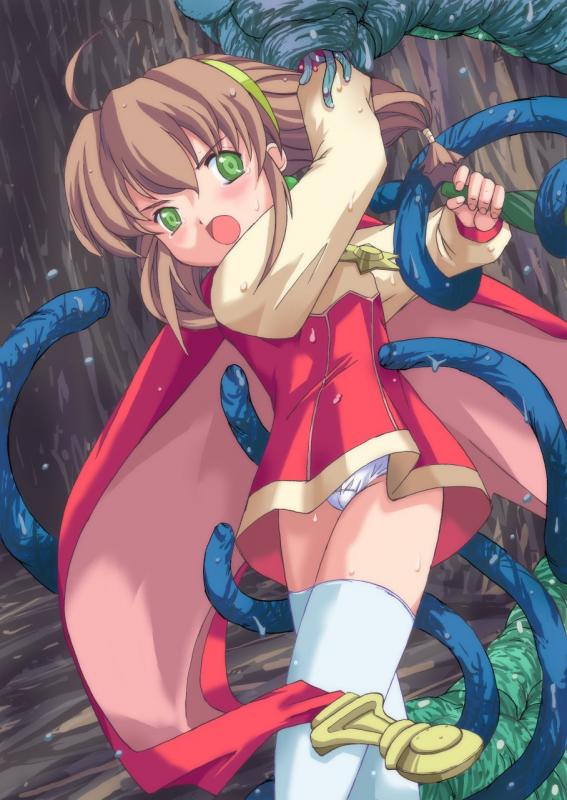 tomatta tokei, lilka eleniak, wild arms, wild arms 2, blush, brown hair, green eyes, loli, open mouth, panties, tentacles, thighhighs, underwear