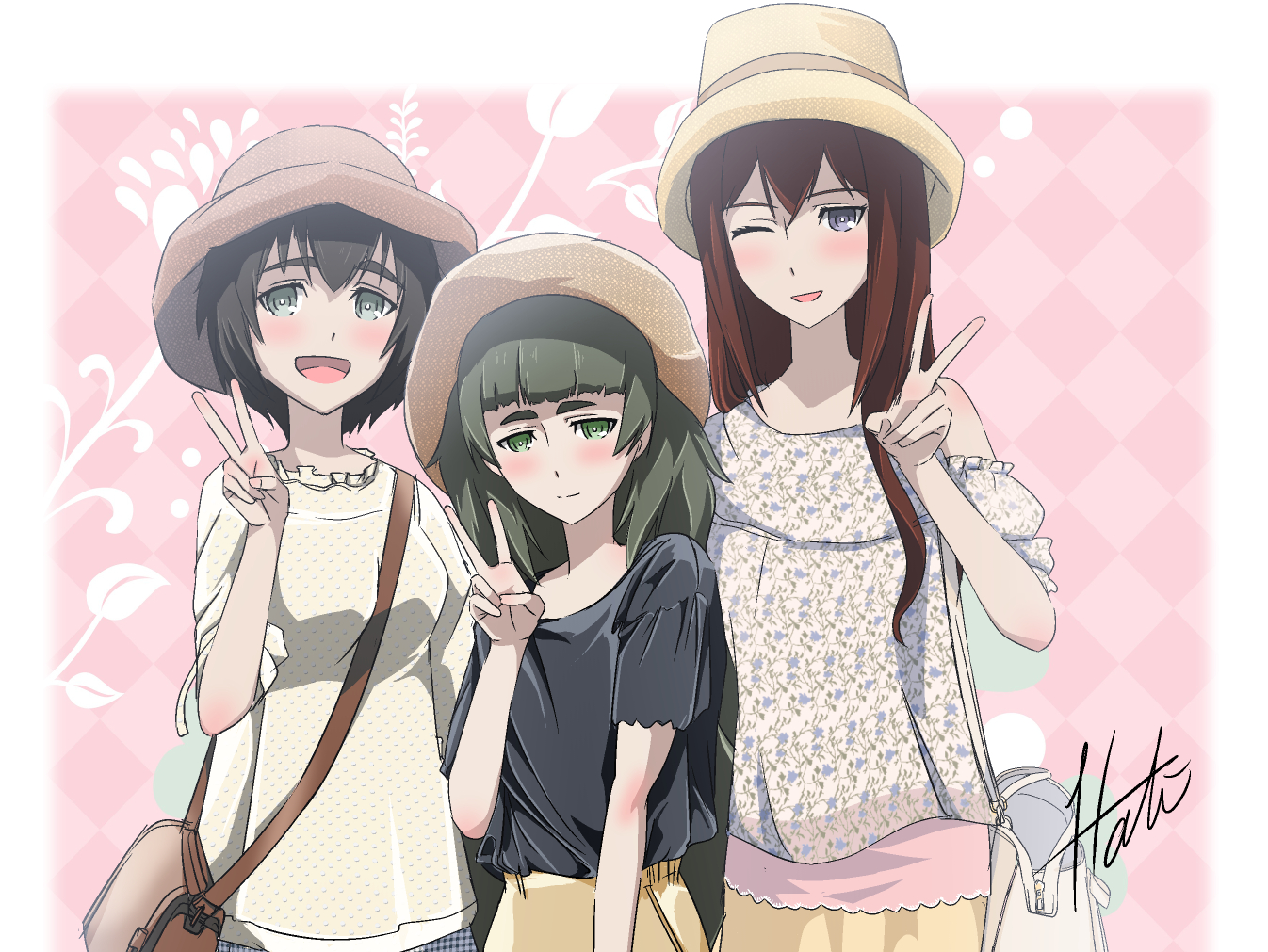 hiyajou maho, makise kurisu, shiina mayuri, science adventure, steins;gate, steins;gate 0, 3girls, alternate costume, black hair, black shirt, blunt bangs, blush, brown skirt, casual, floral print, green eyes, hat, lokis-hati, long hair, messy hair, multiple girls, one eye closed, open mouth, shirt, skirt, smile, sun hat, v, very long hair, yellow shirt