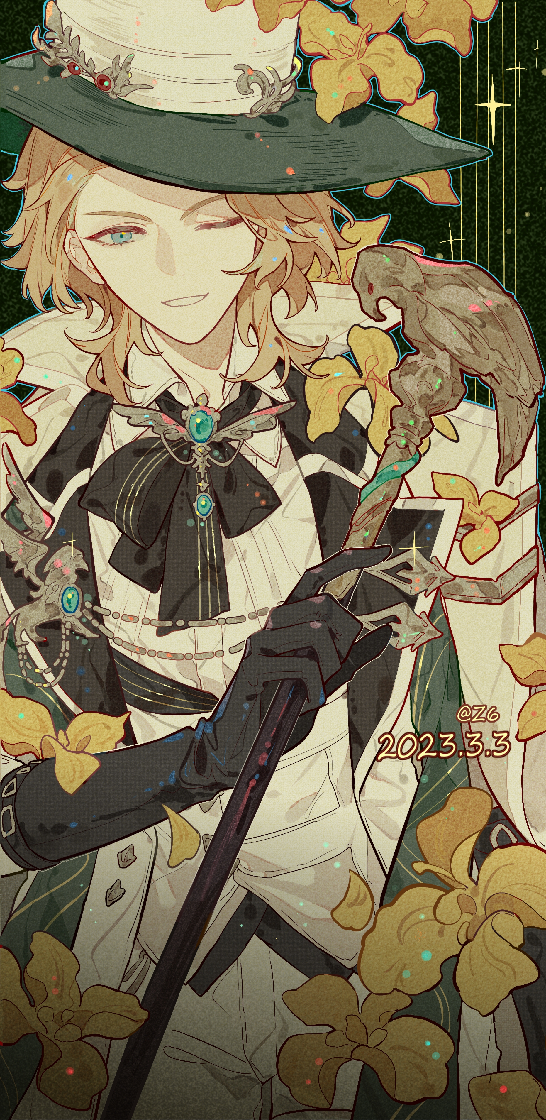 z6, lars rorschach, lovebrush chronicles, absurdres, chinese commentary, highres, 1boy, ;d, aqua eyes, aqua gem, black gloves, black ribbon, blonde hair, brooch, cane, coat, coat on shoulders, collared shirt, cowboy shot, dated, elbow gloves, floral background, flower, gem, gloves, green background, green hat, green scarf, hair slicked back, hat, holding, holding cane, iris (flower), jewelry, lapel pin, lapels, lars rorschach (whirling whimsical troupe), looking at viewer, male focus, neck ribbon, notched lapels, one eye closed, open mouth, pants, ribbon, scarf, shirt, smile, solo, sparkle, standing, stole, sweater guard, top hat, two-tone hat, v-shaped eyebrows, vest, white coat, white hat, white pants, white shirt, white vest, wing brooch, wolf cut, yellow flower