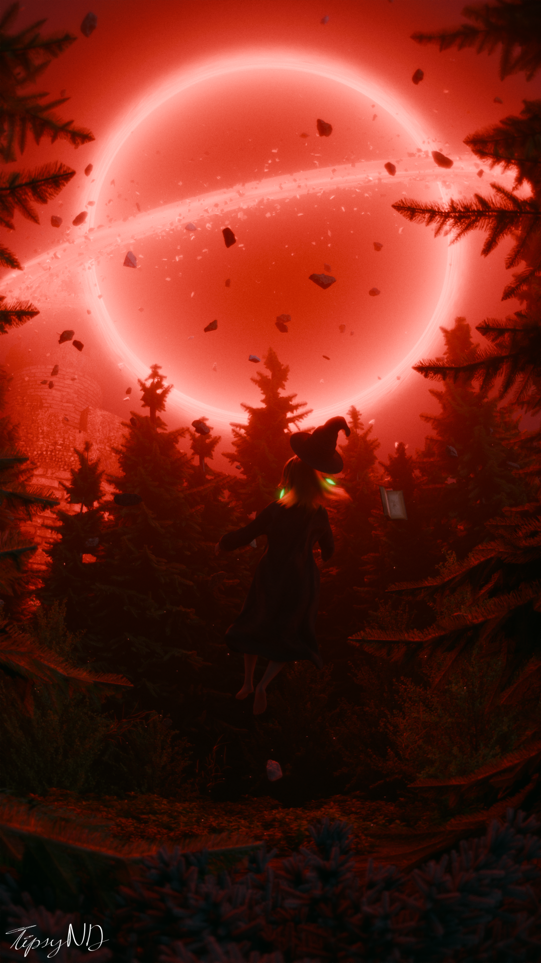 takanashi kiara, hololive, hololive english, commentary, english commentary, highres, 1girl, 3d, black hole, book, doom (mage arena), dress, floating, from behind, hat, long hair, mage arena, open book, signature, solo, tipsynode, tree, virtual youtuber, witch hat