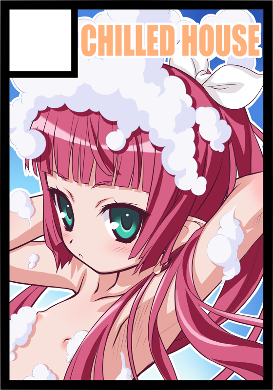 aoi kumiko, urin (umi monogatari), umi monogatari, 00s, 1girl, aqua eyes, armpits, black border, border, circle cut, female focus, flat chest, loli, nipples, ponytail, red hair, ribbon, soap, solo