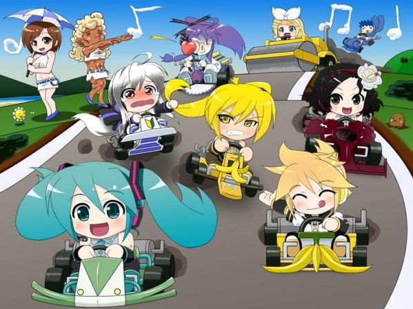 mameshiba (pixiv 59310), akita neru, hatsune miku, kagamine len, kagamine rin, kaito (vocaloid), kamui gakupo, meiko (vocaloid), prima, primina, sweet ann, yowane haku, mario (series), mario kart, nintendo, vocaloid, jpeg artifacts, 3boys, 6+girls, :d, :q, abs, ahoge, annoyed, banana, banana peel, blush, car, chibi, flower, food, fruit, go-kart, grabbing another's hair, heart, holding another's hair, kart, meme, motor vehicle, multiple boys, multiple girls, muscular, musical note, o3o, open mouth, outdoors, parody, sky, smile, spring onion, steamroller, tears, tongue, tongue out, umbrella, wryyyyyyyyyyyyyyyyyyyy