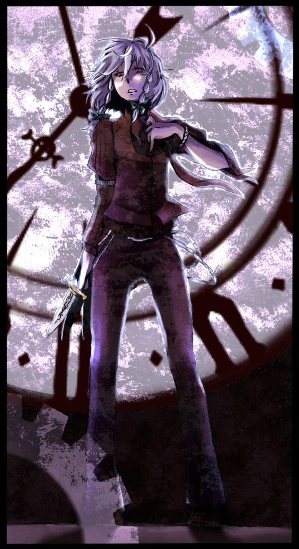 daitai konna kanji, izayoi sakuya, embodiment of scarlet devil, touhou, silver hair, 1girl, alternate costume, bow, braid, clock, female focus, gears, knife, night, red eyes, short hair, solo, throwing knife, vest, weapon