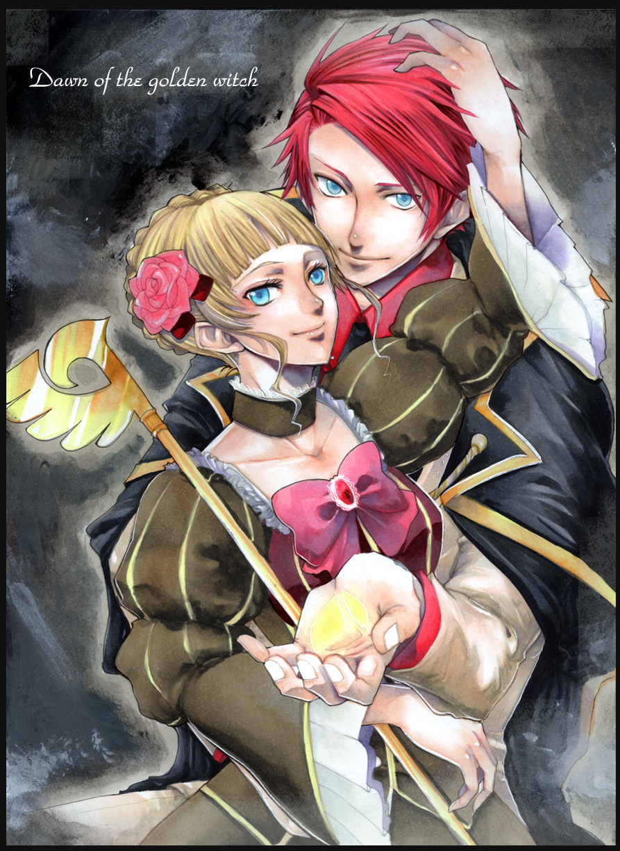 noppo, beatrice (umineko), ushiromiya battler, umineko no naku koro ni, bad id, bad pixiv id, highres, 00s, 1boy, 1girl, blonde hair, blue eyes, bow, dress, flower, necktie, pink bow, red hair, ribbon, staff