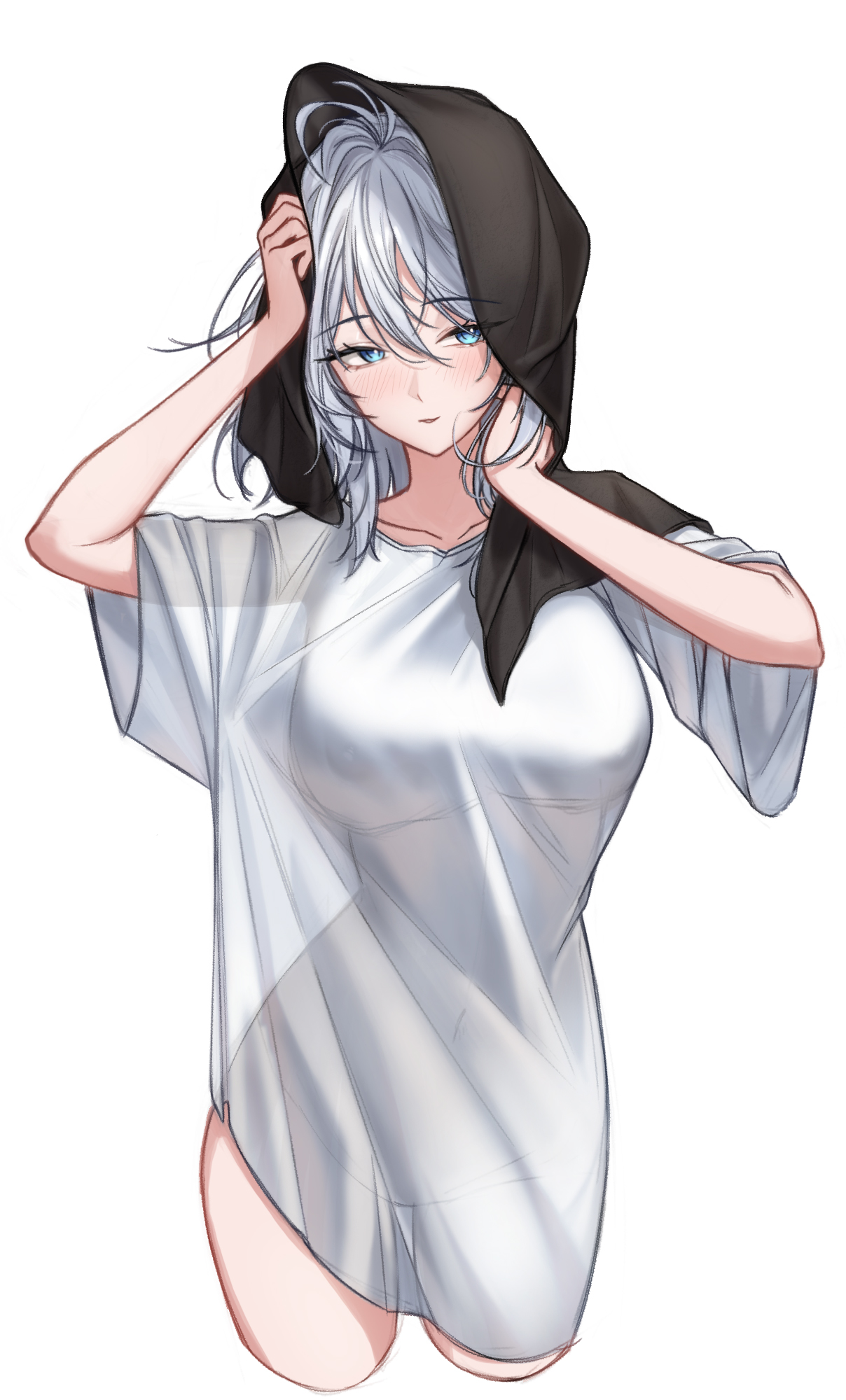 faust (project moon), limbus company, project moon, highres, 1girl, blue eyes, closed mouth, covered erect nipples, cowboy shot, drying, drying hair, hands up, see-through clothes, see-through shirt, shirt, short hair, short sleeves, simple background, smile, solo, towel, white background, white hair, white shirt, zer0big1