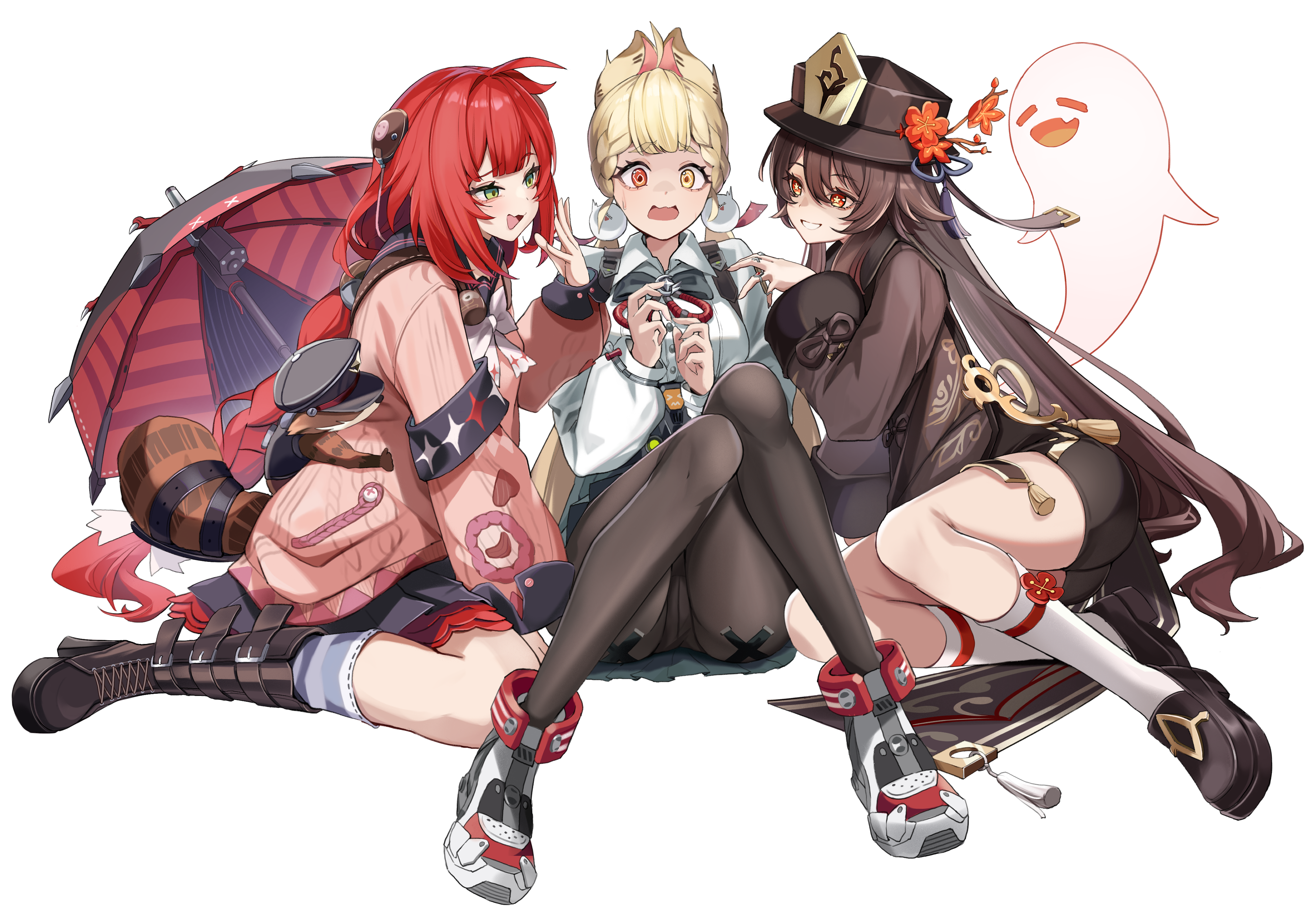 yutoriko (candy0905), alice thymefield, boo tao (genshin impact), hu tao (genshin impact), kamanosuke (zenless zone zero), ukinami yuzuha, genshin impact, mihoyo, zenless zone zero, absurdres, highres, 3girls, @ @, animal ears, black boots, black hat, black pantyhose, black shoes, black skirt, boots, braid, brown hair, cardigan, flower-shaped pupils, ghost, green eyes, green skirt, grey background, hair between eyes, hair ornament, hat, heterochromia, knee boots, kneehighs, long hair, long sleeves, looking at another, low twintails, multiple girls, panties, pantyhose, pink cardigan, rabbit ears, rabbit girl, red eyes, red hair, shirt, shoes, simple background, sitting, skirt, socks, striped clothes, striped socks, symbol-shaped pupils, twintails, umbrella, underwear, very long hair, white shirt, white socks, yellow eyes