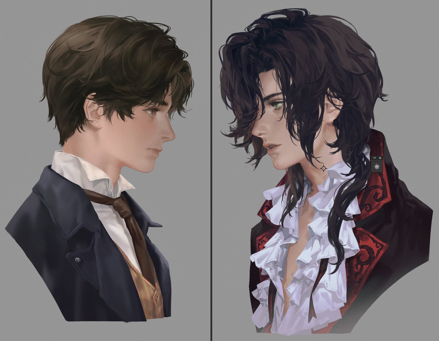 xuxu (tsutsuji129), klein moretti, leonard mitchell, lord of the mysteries, 2boys, art program in frame, black hair, black jacket, brown eyes, brown hair, brown necktie, brown vest, closed mouth, cropped shoulders, curtained hair, frilled shirt, frills, green eyes, grey background, hair over one eye, jacket, lapels, looking at another, male focus, medium hair, multiple boys, necktie, notched lapels, open clothes, open jacket, parted lips, portrait, profile, shirt, short hair, simple background, split screen, vest, wavy hair, white shirt