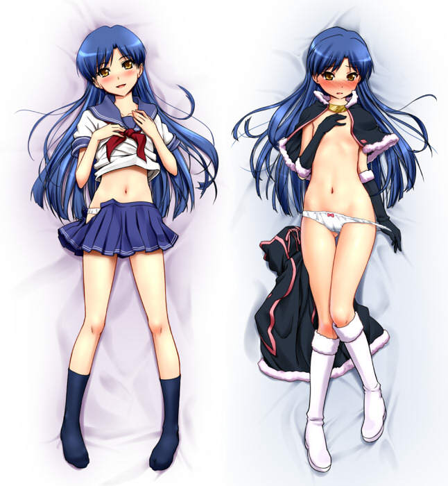zanzi, kisaragi chihaya, idolmaster, idolmaster (classic), 00s, 1girl, bed, blue hair, blush, boots, brown eyes, capelet, cute & girly (idolmaster), dakimakura (medium), flat chest, gloves, legs, loli, long hair, lying, multiple views, navel, panties, pantyshot, school uniform, serafuku, skirt, socks, thigh gap, thighs, underwear, upskirt