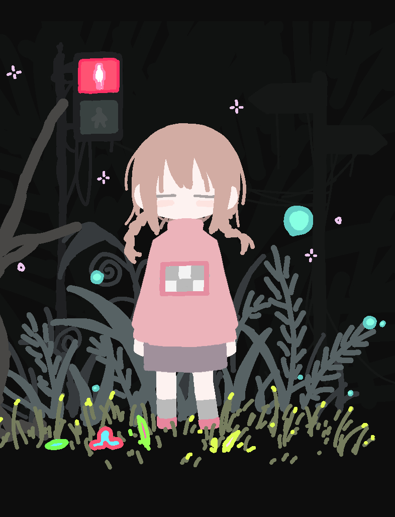 lurenjia, madotsuki, yume nikki, 1girl, braid, cable, closed eyes, pink sweater, plant, print sweater, purple skirt, red shoes, shoes, signpost, skirt, sweater, traffic light, turtleneck, turtleneck sweater, twin braids