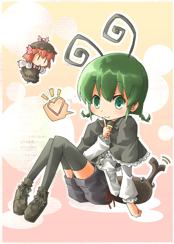 ara ta, harada (sansei rain), mystia lorelei, wriggle nightbug, touhou, black legwear, bad id, bad pixiv id, 2girls, :3, alternate hairstyle, antennae, braid, capelet, chibi, female focus, green eyes, green hair, hat, heart, multiple girls, red hair, short hair, shorts, smile, thighhighs, twin braids, | |