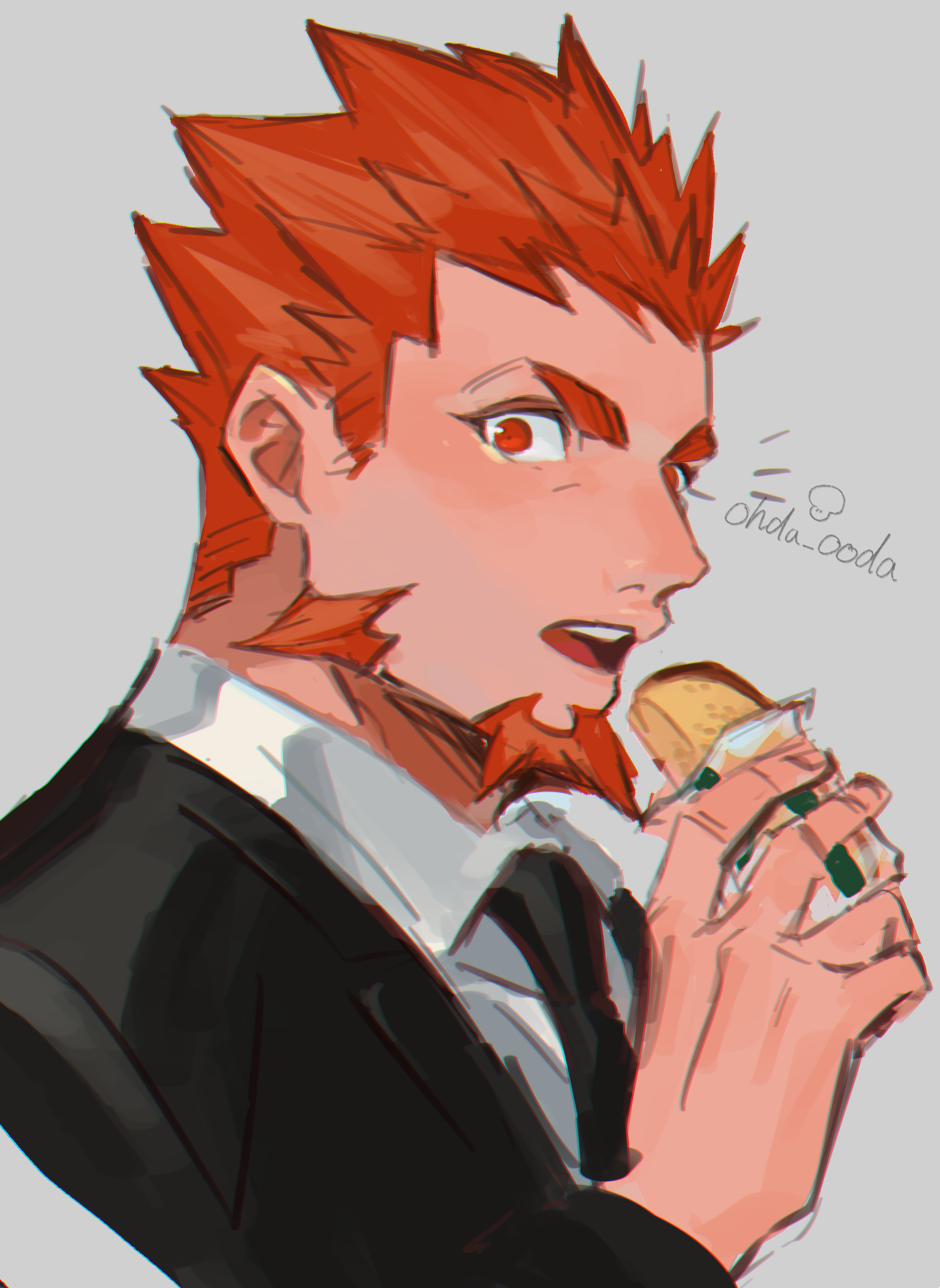 2bro., saida (ohda ooda), absurdres, highres, 1boy, beard, black jacket, black necktie, collared shirt, eating, facial hair, food, grey background, holding, holding food, jacket, looking at viewer, male focus, necktie, open mouth, orange hair, otoja (2bro.), shirt, short hair, sideburns, signature, simple background, solo, upper body, white shirt