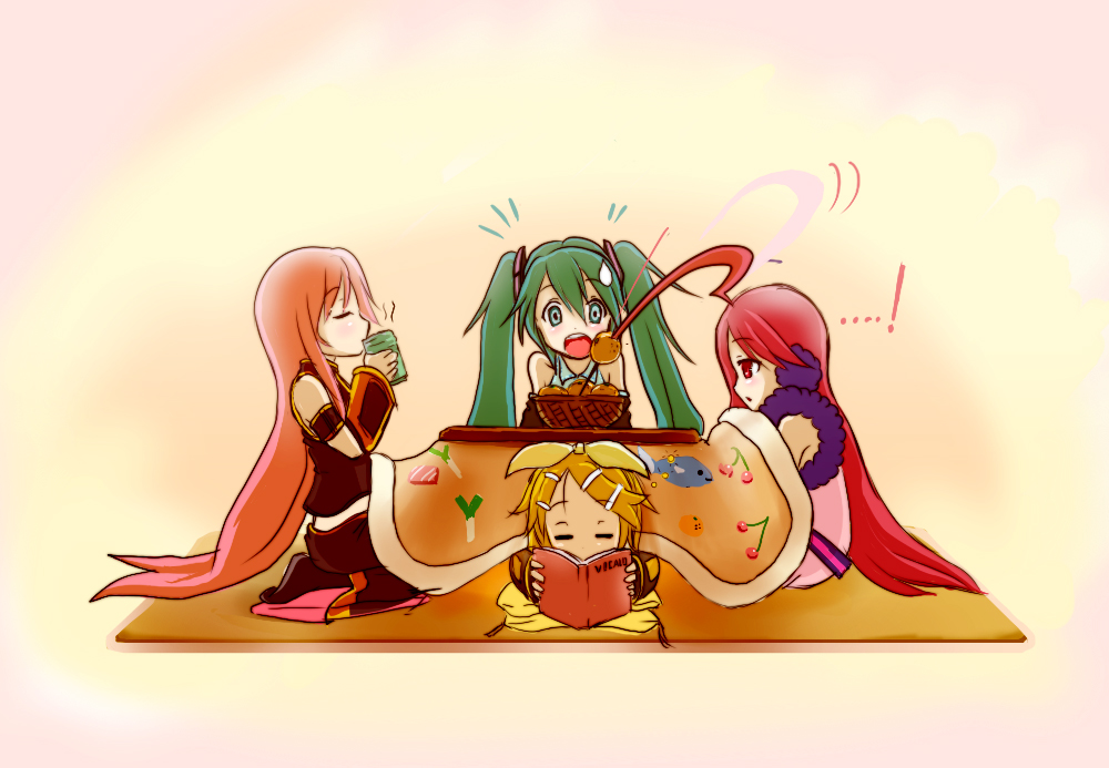 hasuken (chanpon), hatsune miku, kagamine rin, megurine luka, sf-a2 miki, vocaloid, 4girls, ahoge, book, closed eyes, detached sleeves, food, fruit, hair ornament, hair ribbon, hairpin, kotatsu, long hair, mandarin orange, multiple girls, orange (fruit), prehensile hair, red eyes, red hair, ribbon, short hair, star (symbol), sweatdrop, table, tea, twintails, very long hair