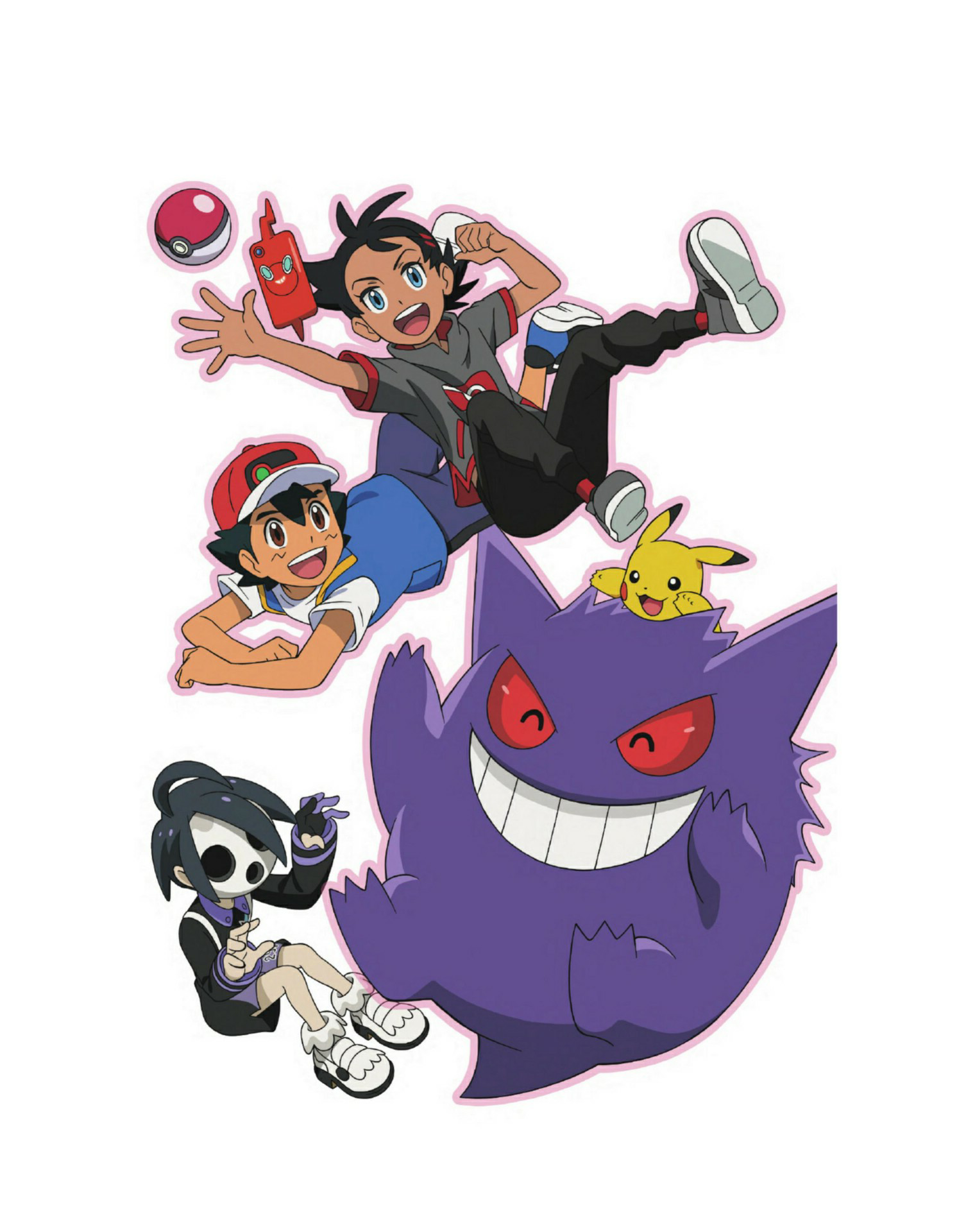 allister (pokemon), ash ketchum, gengar, goh (pokemon), pikachu, rotom, rotom phone, nintendo, pokemon, pokemon (anime), pokemon journeys, artist request, commentary, english commentary, highres, official art, third-party source, 3boys, :3, ahoge, baseball cap, black gloves, black hair, black pants, black shirt, black shorts, blue eyes, blue shoes, blue shorts, blue vest, brown eyes, cellphone, clenched hand, closed eyes, eyelashes, gen 1 pokemon, gen 4 pokemon, gloves, grey shirt, grey shoes, grin, hat, long sleeves, male focus, multiple boys, open mouth, outline, pale skin, pants, partially fingerless gloves, phone, pink outline, poke ball, poke ball (basic), pokemon (creature), red hat, red socks, shirt, shoes, short hair, short sleeves, shorts, simple background, single glove, smartphone, smile, socks, teeth, upper teeth only, vest, white background, white mask, white shirt, white shoes