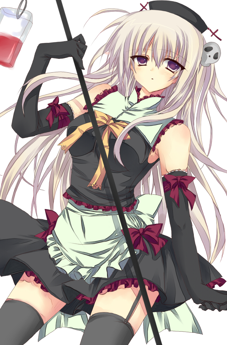 matsumiya kiseri, original, bad id, bad pixiv id, highres, 1girl, apron, elbow gloves, female focus, garter belt, garter straps, gloves, hat, intravenous drip, nurse, purple eyes, purple hair, solo, thighhighs, zettai ryouiki