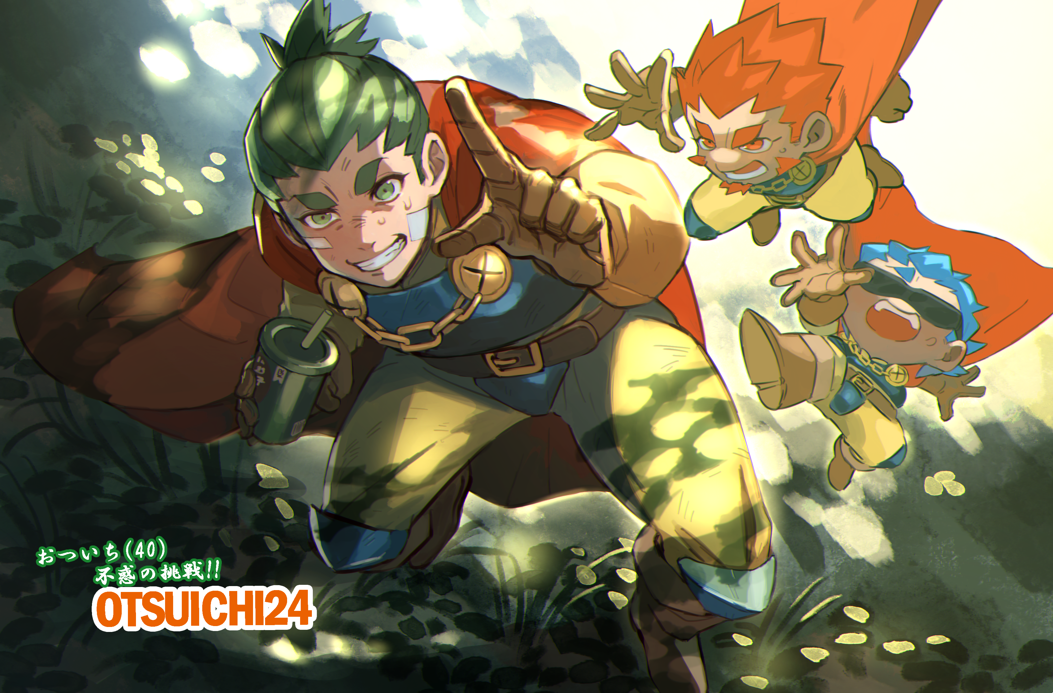 2bro., saida (ohda ooda), otsuichi (2bro.), absurdres, commentary request, highres, translation request, 3boys, anija (2bro.), belt, black belt, blue hair, boots, brown boots, brown gloves, cape, cup, gloves, green eyes, green hair, grin, holding, holding cup, looking at viewer, male focus, multiple boys, open mouth, orange hair, otoja (2bro.), outdoors, pants, red cape, short hair, smile, sunglasses