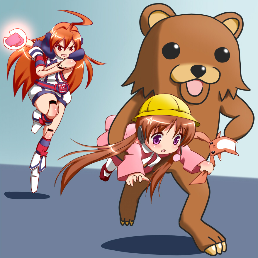 harisenbon, harisenbon (power-slide), pedobear, sf-a2 miki, tsukuyomi ai, 4chan, vocaloid, voiceroid, striped legwear, white legwear, bad id, bad pixiv id, 2girls, ahoge, blush, brown hair, child, clenched hand, dress, gloves, hat, headset, joints, kindergarten, kindergarten uniform, kneehighs, long hair, multiple girls, pantyhose, purple eyes, rabbit, red eyes, red hair, robot joints, school hat, socks, star (symbol), stuffed animal, stuffed toy, twintails, you gonna get raped