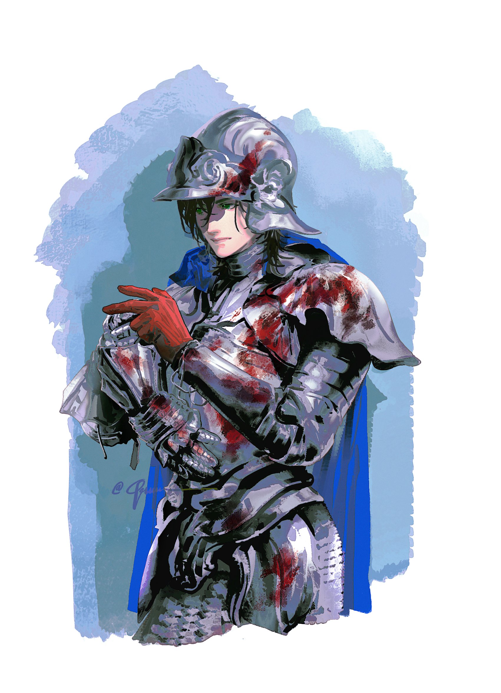 xuxu (tsutsuji129), leonard mitchell, lord of the mysteries, highres, 1boy, armor, black hair, blood, blood on armor, blue cape, breastplate, cape, couter, cowboy shot, cropped legs, cuirass, faulds, full armor, gauntlets, gloves, green eyes, helmet, male focus, pauldrons, red gloves, removing glove, shoulder armor, signature, solo, vambraces