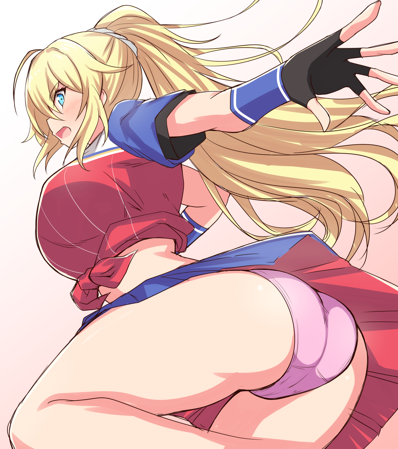 garukichi, amelia thunders, cinderella series, hachigatsu no cinderella nine, highres, 1girl, baseball uniform, black gloves, blonde hair, blue eyes, crop top, fingerless gloves, from below, from side, gloves, high ponytail, long hair, open mouth, panties, pink panties, ponytail, profile, shirt, short sleeves, solo, sportswear, tied shirt, underwear, wristband