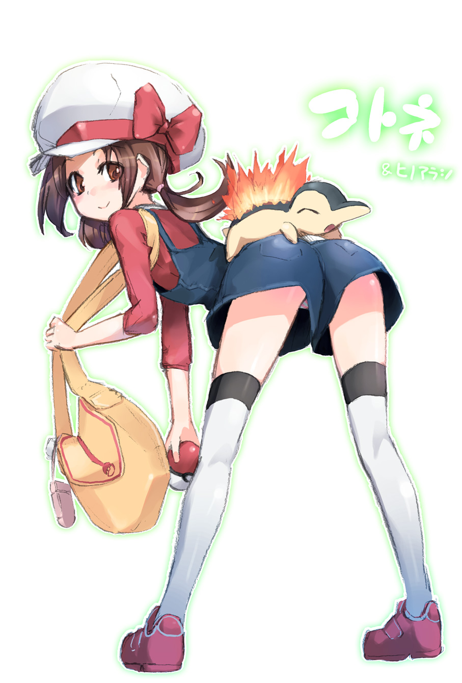 homura subaru, cyndaquil, lyra (pokemon), nintendo, pokemon, pokemon hgss, bad id, bad pixiv id, highres, 00s, 1girl, ass, bag, bent over, brown eyes, brown hair, gen 2 pokemon, hat, hat ribbon, holding, holding poke ball, looking back, panties, poke ball, pokegear, pokemon (creature), red ribbon, ribbon, shorts, standing, striped clothes, striped panties, suspenders, thighhighs, twintails, underwear, upshorts