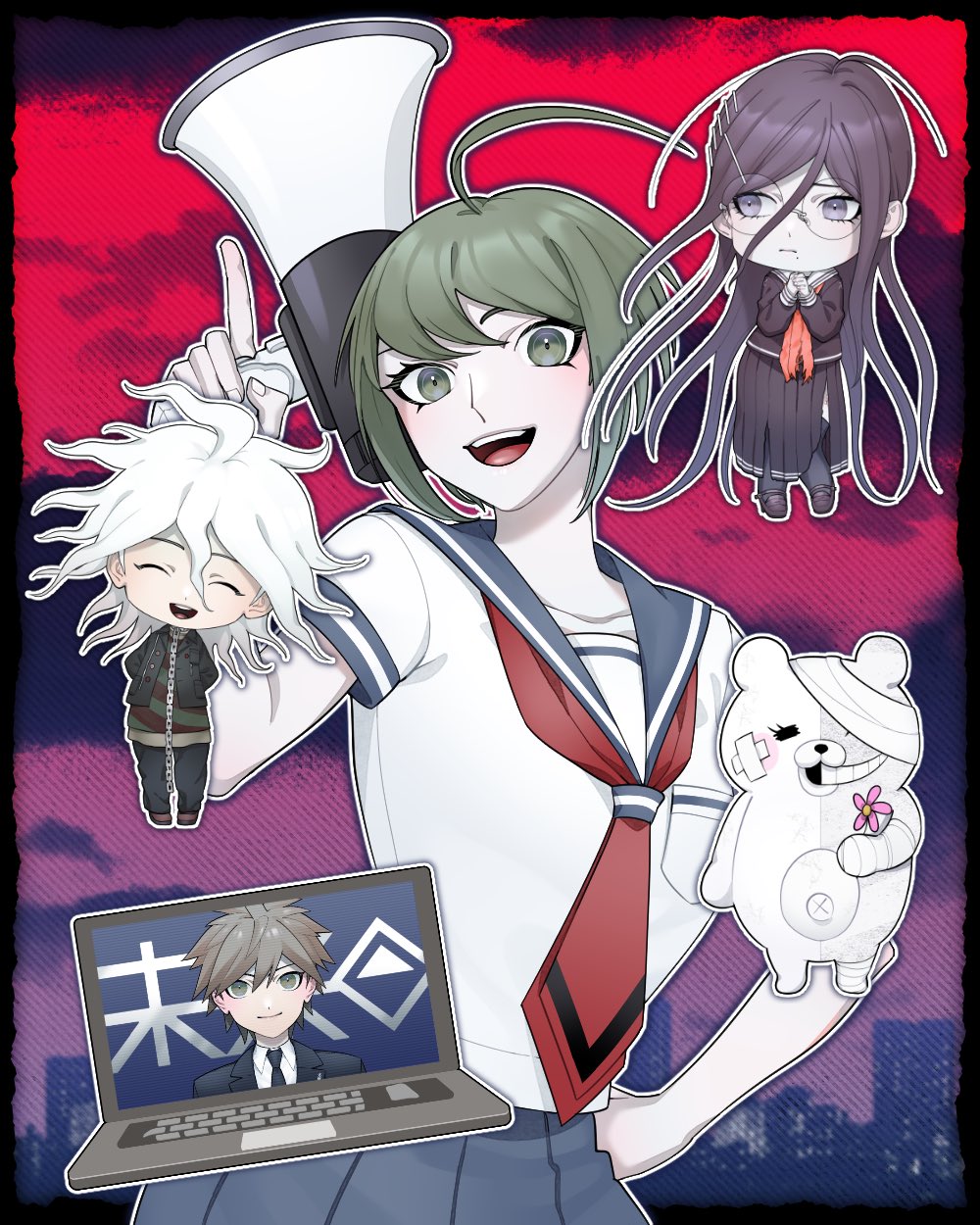 ling yun (amadare0803), fukawa toko, komaeda nagito, naegi komaru, naegi makoto, servant (danganronpa), shirokuma (danganronpa), danganronpa (series), danganronpa another episode: ultra despair girls, commentary request, highres, 2boys, 2girls, absurdly long hair, ahoge, arms behind back, bandaged head, bandages, bandaid, bandaid on cheek, bandaid on face, black border, black jacket, black pants, black shoes, blue sailor collar, blue skirt, border, breast pocket, brown hair, brown shoes, building, chain, chibi, chibi inset, city, closed eyes, closed mouth, cloud, collared shirt, computer, crossed bandaids, eyelashes, fingernails, flower, glasses, green eyes, green hair, hair between eyes, hair ornament, hairclip, head tilt, holding, holding flower, holding megaphone, index finger raised, jacket, laptop, long hair, long sleeves, megaphone, mole, mole under mouth, multiple boys, multiple girls, navel, neckerchief, necktie, open clothes, open jacket, open mouth, outline, own hands together, pants, pink flower, pocket, purple eyes, purple hair, purple serafuku, purple shirt, purple skirt, purple thighhighs, red neckerchief, red necktie, round eyewear, sailor collar, school uniform, serafuku, shirt, shoes, short hair, short sleeves, skirt, skirt set, sky, smile, striped clothes, striped shirt, teeth, thighhighs, torn clothes, torn neckerchief, torn skirt, two-tone shirt, upper teeth only, very long hair, white hair, white outline, white sailor collar, white shirt