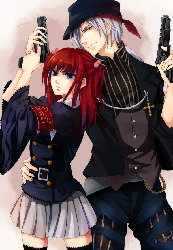 still (just), amakusa juuza, ushiromiya ange, umineko no naku koro ni, silver hair, bad id, bad pixiv id, 00s, armband, belt, blue eyes, bow, cross, gun, hair bobbles, hair ornament, hat, red hair, short twintails, skirt, thighhighs, twintails, weapon