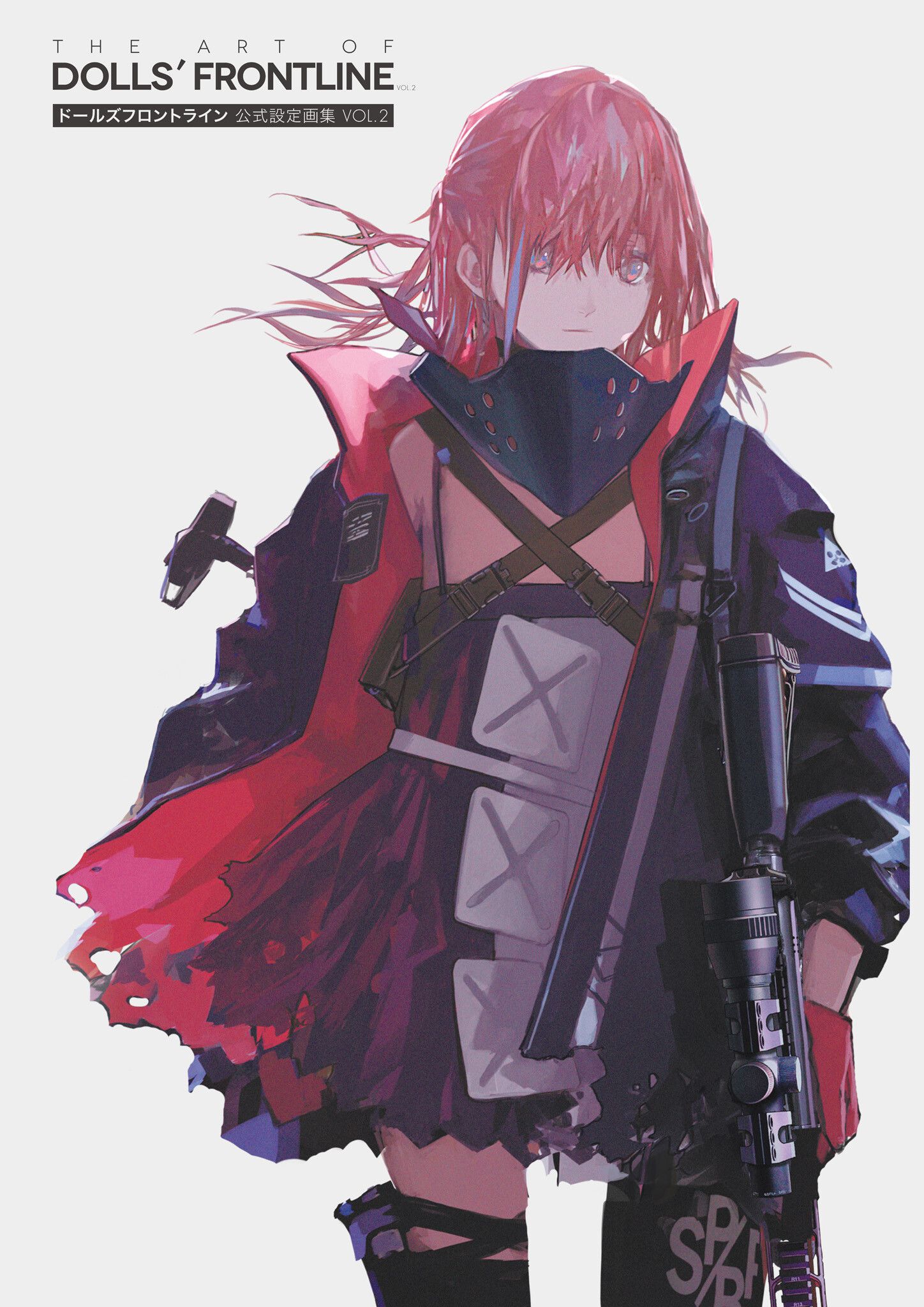 lin+, st ar-15 (girls' frontline), st ar-15 (mod3) (girls' frontline), girls' frontline, highres, official art, 1girl, bare shoulders, gloves, gun, holding, holding gun, holding weapon, pink gloves, pink hair, solo, standing, weapon, white background