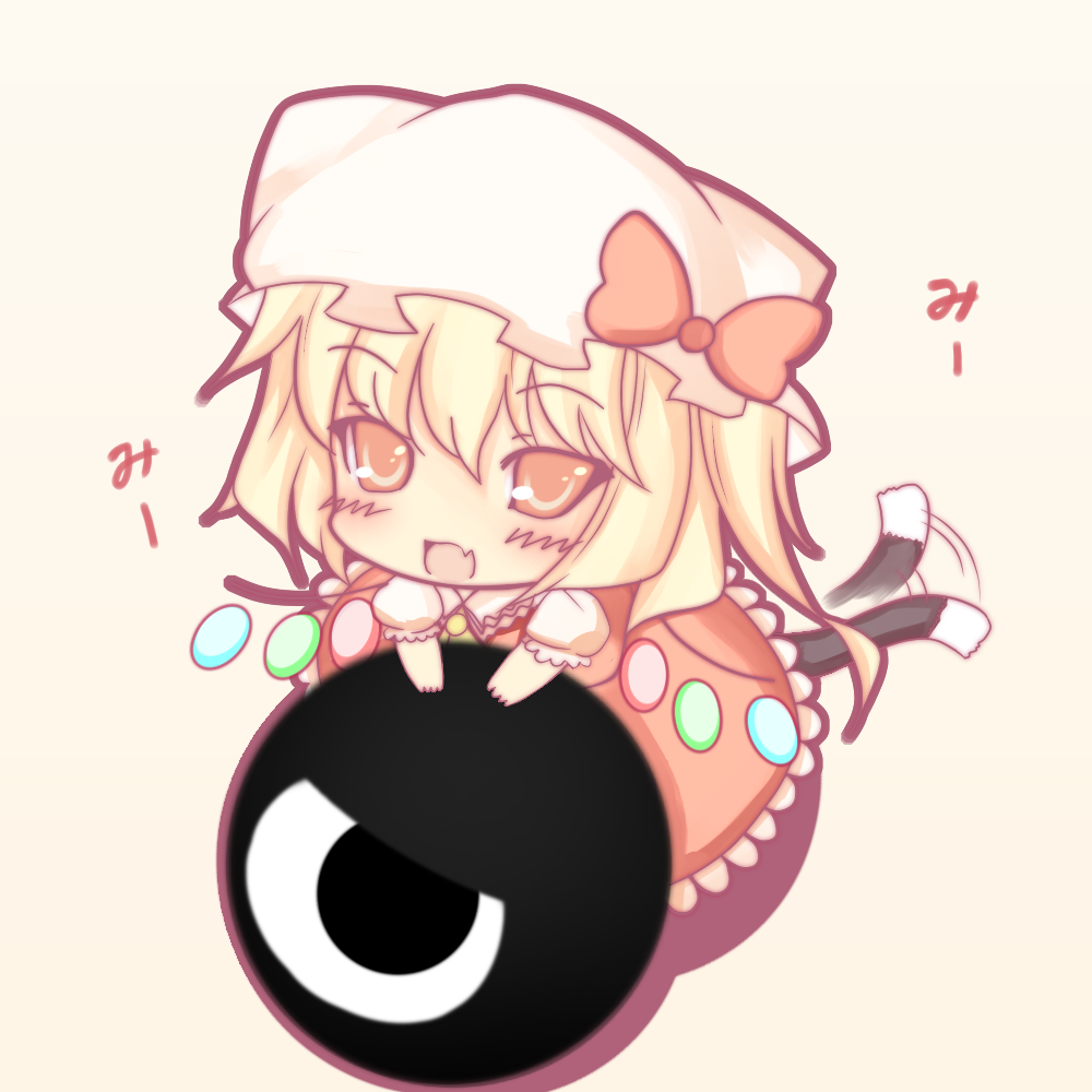 kiyomin, backbeard, flandre scarlet, gegege no kitarou, patapon, touhou, bad id, bad pixiv id, 1girl, blonde hair, cat tail, chibi, eye focus, female focus, hat, ponytail, red eyes, short hair, side ponytail, solo, tail, tail wagging, wings