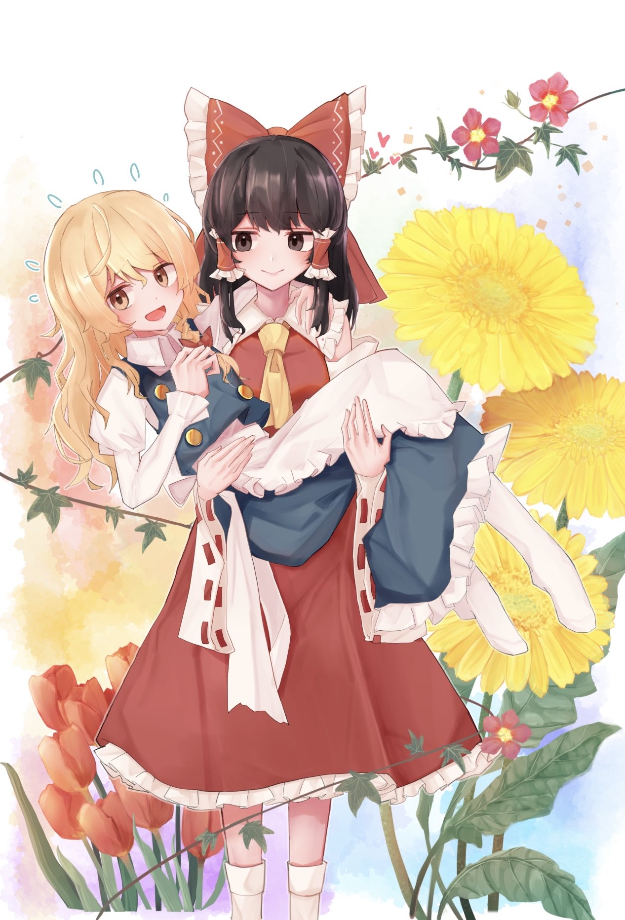 taguno, hakurei reimu, kirisame marisa, touhou, commentary, flower request, highres, symbol-only commentary, 2girls, apron, ascot, blonde hair, blush, bow, braid, brown eyes, brown hair, carrying, carrying person, closed mouth, detached sleeves, flower, flying sweatdrops, frilled bow, frilled hair tubes, frilled skirt, frills, hair bow, hair tubes, heart, long hair, multiple girls, no headwear, open mouth, pink flower, princess carry, red bow, red flower, red skirt, ribbon-trimmed sleeves, ribbon trim, side braid, single braid, skirt, skirt set, smile, socks, sunflower, waist apron, white apron, white socks, yellow ascot, yellow eyes, yellow flower, yuri