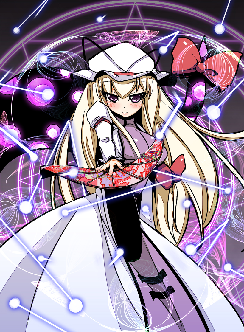 oborozuki, rougetsu (eclipse), yakumo yukari, touhou, 1girl, blonde hair, danmaku, female focus, gap (touhou), hand fan, hat, long hair, purple eyes, solo