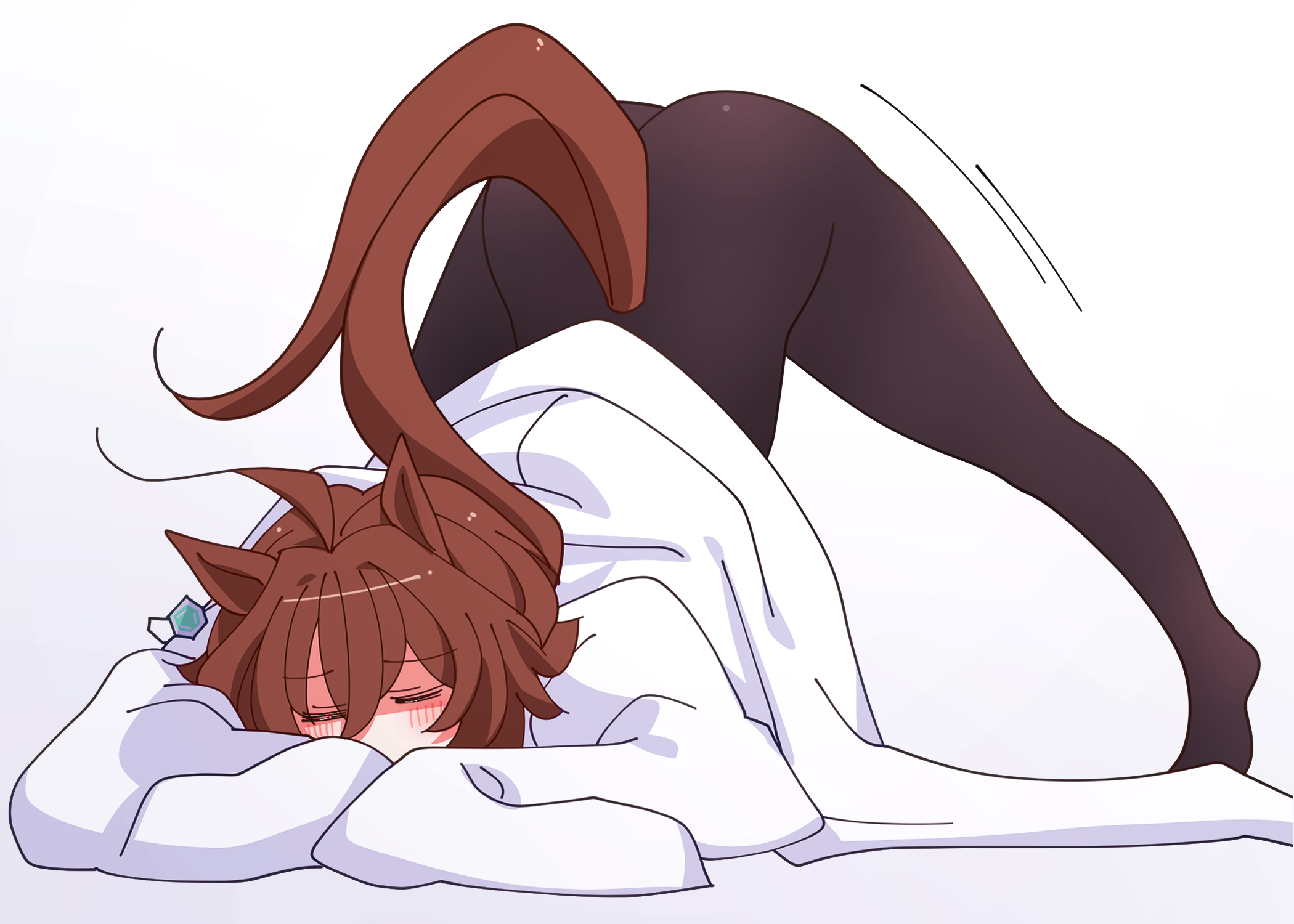 kaijin debeso, agnes tachyon (umamusume), umamusume, commentary request, highres, 1girl, ahoge, animal ears, ass, black pantyhose, brown hair, brown tail, closed eyes, coat, ear ornament, full body, hair between eyes, horse ears, horse girl, horse tail, huge ahoge, jack-o' challenge, lab coat, long sleeves, medium hair, pantyhose, simple background, solo, tail, top-down bottom-up, white background, white coat