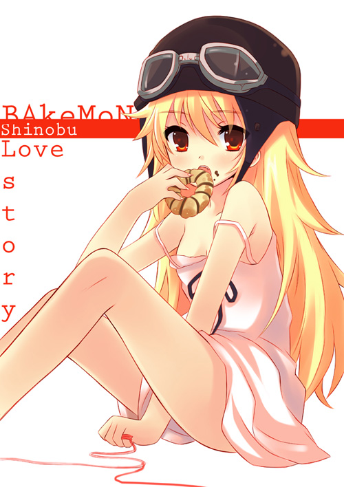 peach88, oshino shinobu, bakemonogatari, monogatari (series), bad id, bad pixiv id, 00s, 1girl, blonde hair, blush, donut, dress, eating, english text, female focus, food, goggles, helmet, loli, long hair, red eyes, sitting, solo, string, string of fate