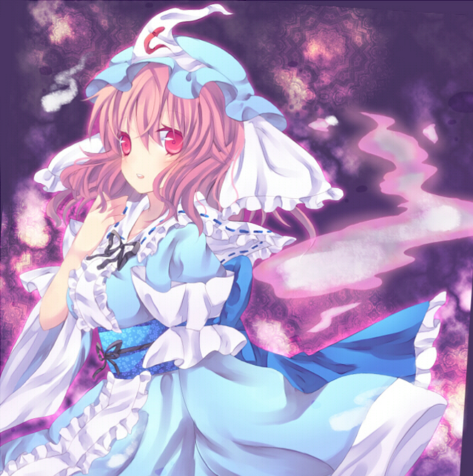 nonaka, saigyouji yuyuko, touhou, bad id, bad pixiv id, 1girl, female focus, hat, japanese clothes, pink eyes, pink hair, short hair, solo