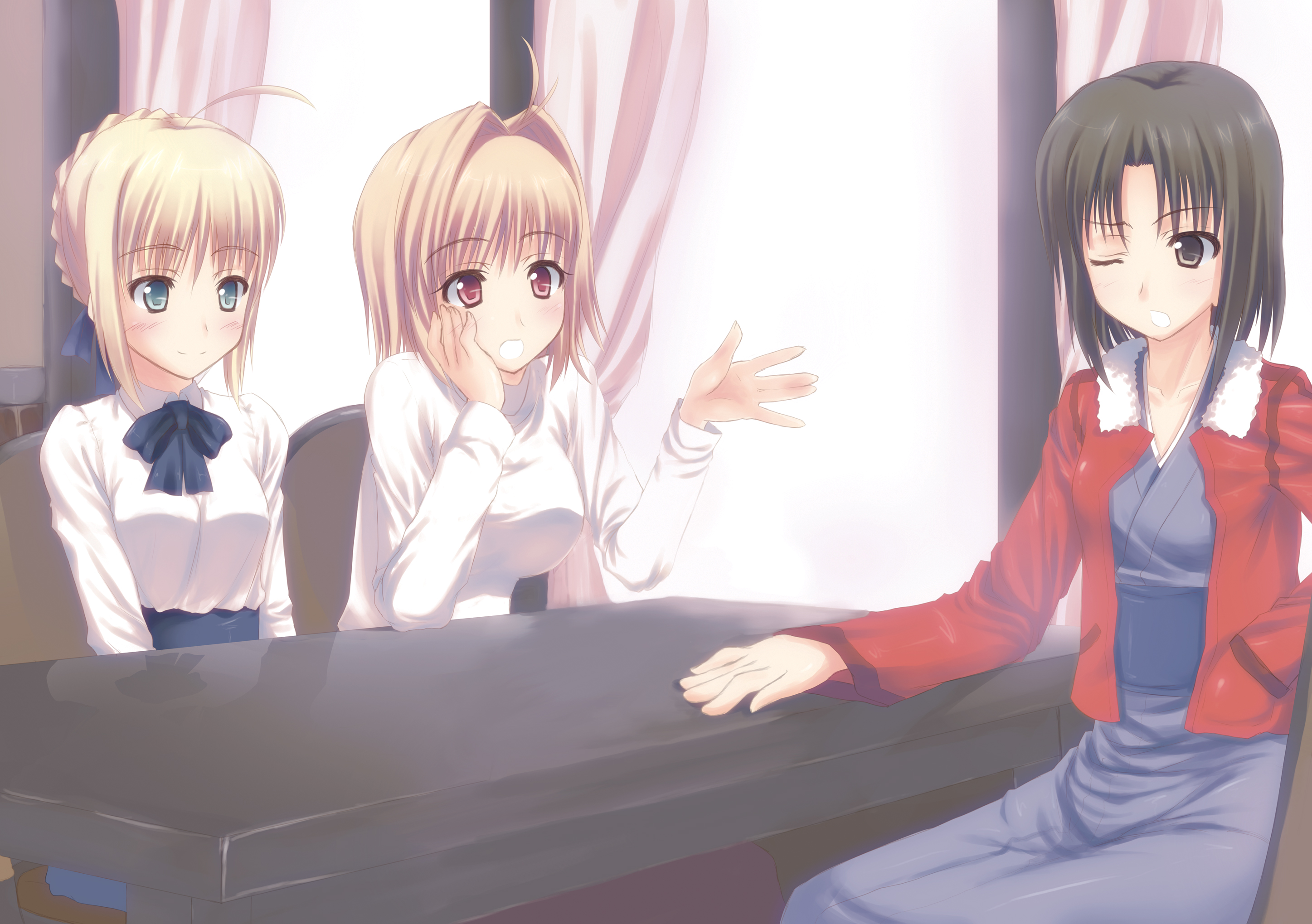 kaisou, arcueid brunestud, artoria pendragon (fate), ryougi shiki, saber (fate), fate/stay night, fate (series), kara no kyoukai, tsukihime, type-moon, bad id, bad pixiv id, highres, 00s, 3girls, black hair, blonde hair, blush, company connection, crossover, jacket, japanese clothes, kimono, multiple girls, red jacket, short hair, voice actor connection