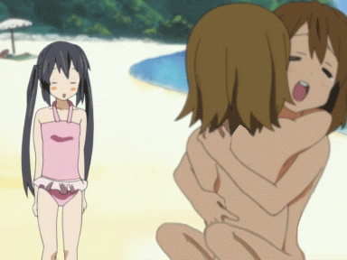 hirasawa yui, nakano azusa, tainaka ritsu, 4chan, k-on!, frilled swimsuit, animated, animated gif, anime screenshot, lowres, non-web source, nude filter, third-party edit, 00s, 3girls, back, beach, blush, day, frills, hug, implied futanari, legs, multiple girls, nude, o o, open mouth, outdoors, parasol, sexually suggestive, short hair, standing, swimsuit, twintails, umbrella, watching, water, yuri