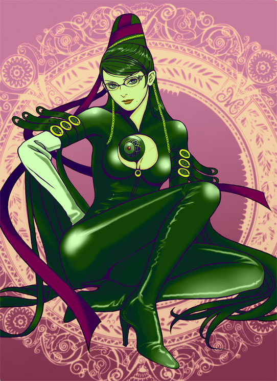 rachel (artist), bayonetta, bayonetta (series), bayonetta 1, bad id, bad pixiv id, 1girl, black hair, bodysuit, female focus, glasses, high heels, long hair, mole, mole under mouth, shoes, solo