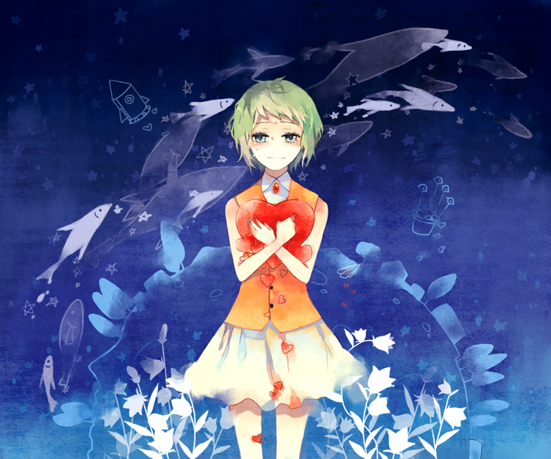 mig (36th underground), gumi, campanella (vocaloid), vocaloid, bad id, bad pixiv id, 1girl, bare shoulders, dolphin, female focus, fish, flower, green eyes, green hair, heart, holding, matching hair/eyes, paper airplane, rocket ship, short hair, skirt, sleeveless, solo, spacecraft, tears