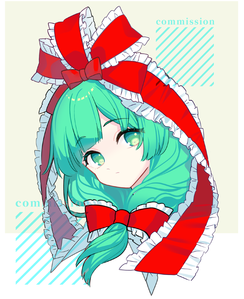 kagiyama hina, touhou, commission, bow, expressionless, frilled bow, frilled ribbon, frills, front ponytail, green eyes, green hair, hair bow, hair ribbon, looking at viewer, portrait, red bow, red ribbon, ribbon, shieryue1225, watermark