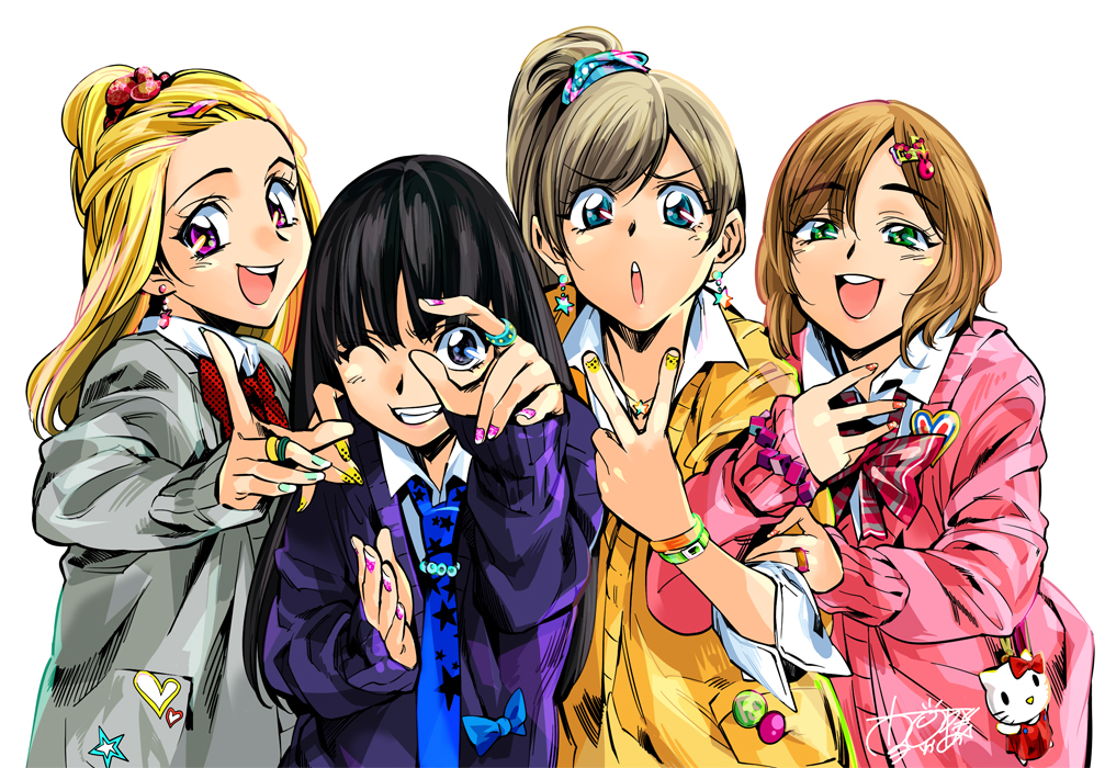 popqn, original, bad id, bad pixiv id, 4girls, arm hug, black hair, blonde hair, blue eyes, bracelet, brown hair, earrings, fashion, green nails, grin, gyaru, hair ornament, hairclip, happy, jewelry, kogal, long hair, multiple girls, nail art, nail polish, necktie, one eye closed, orange nails, pink eyes, pink nails, ring, school uniform, simple background, smile, sweater, v, white background, wink, yellow nails
