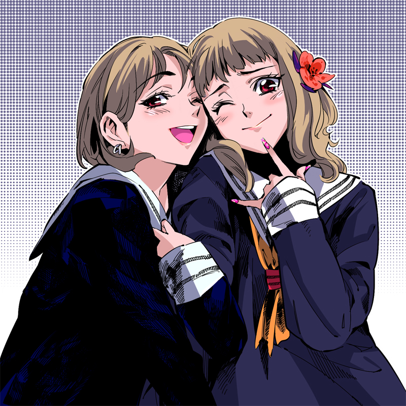 popqn, original, bad id, bad pixiv id, 2girls, arm hug, blush, brown hair, earrings, flower, hair flower, hair ornament, jewelry, long hair, multiple girls, nail art, nail polish, pink nails, red eyes, school uniform, serafuku, short hair