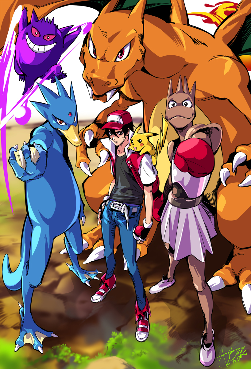 popqn, ash ketchum, charizard, gengar, golduck, hitmonchan, pikachu, red (pokemon), nintendo, pokemon, pokemon (anime), bad id, bad pixiv id, highres, 1boy, baseball cap, boxing gloves, child, clenched hand, denim, fire, flame-tipped tail, gen 1 pokemon, hand on own hip, hat, hip focus, holding, holding poke ball, jeans, manly, pants, poke ball, pokemon (creature), tail