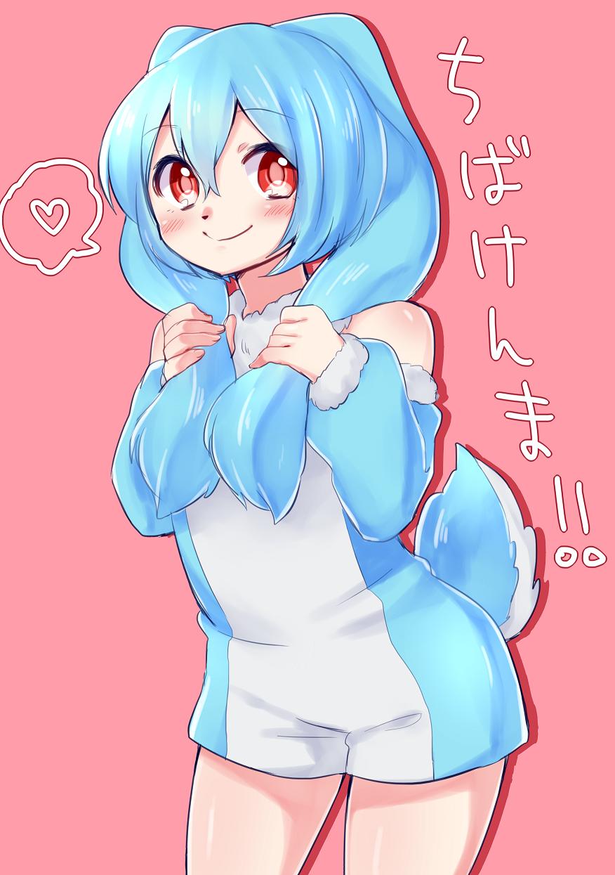 highres, 1boy, animal ears, blue hair, blue leotard, detached sleeves, fingernails, fur-trimmed sleeves, fur trim, hair between eyes, kenma-kun, koushinism, krsw40298, leotard, personification, rabbit boy, rabbit ears, rabbit tail, red eyes, sleeveless, tail, trap