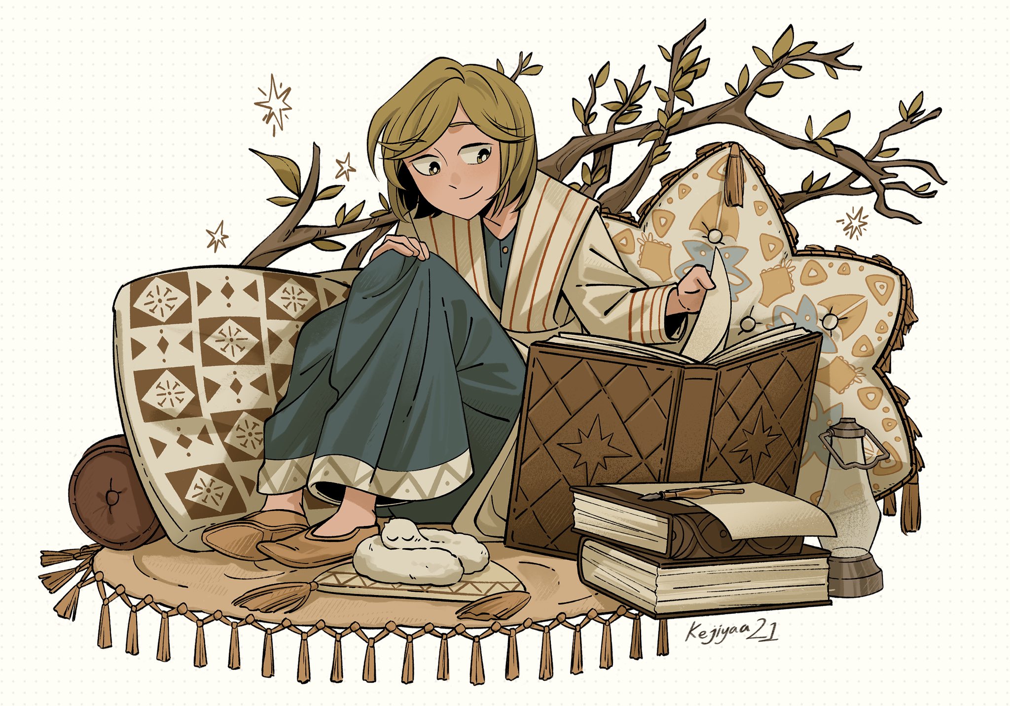 kejiyaa21, brushbuddy, coco (tongari boushi no atelier), tongari boushi no atelier, commentary, english commentary, highres, 1girl, artist name, blonde hair, blue dress, book, branch, dress, full body, lamp, open book, reading, shirt, short hair, sitting, smile, solo, striped clothes, striped shirt