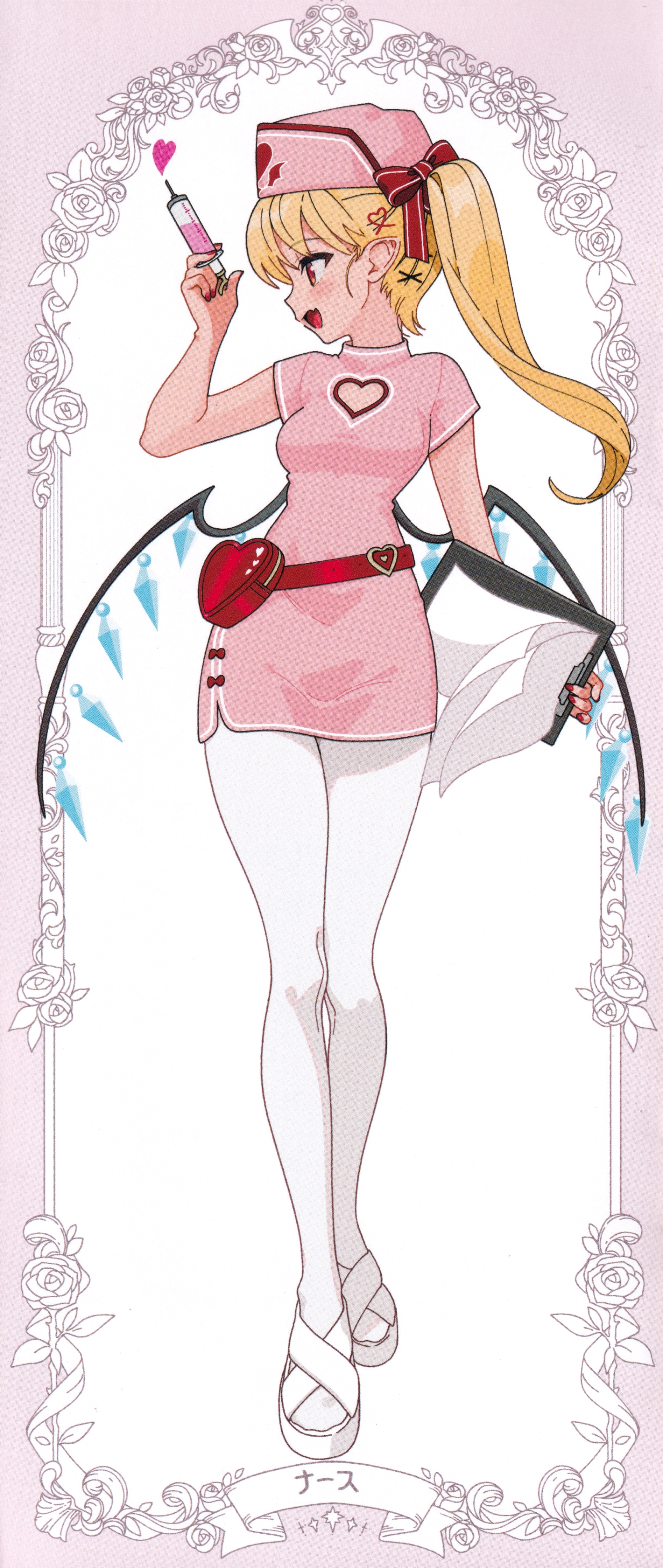 gotoh (nekocat), flandre scarlet, touhou, absurdres, highres, scan, third-party source, 1girl, :d, alternate costume, arm up, belt, belt pouch, bikini, border, bow, breasts, clipboard, clothing cutout, dress, fang, floral border, flower, full body, hair bow, hair ornament, hat, heart, heart-shaped bag, heart cutout, heart hair ornament, holding, holding clipboard, holding syringe, long hair, looking to the side, nail polish, nurse, nurse cap, one side up, open mouth, pantyhose, paper, pink border, pink dress, pink hat, pointy ears, pouch, red belt, red bow, red eyes, red nails, rose, sandals, short sleeves, skin fang, small breasts, smile, solo, standing, swimsuit, syringe, white bikini, white pantyhose, white sandals, wings, x hair ornament