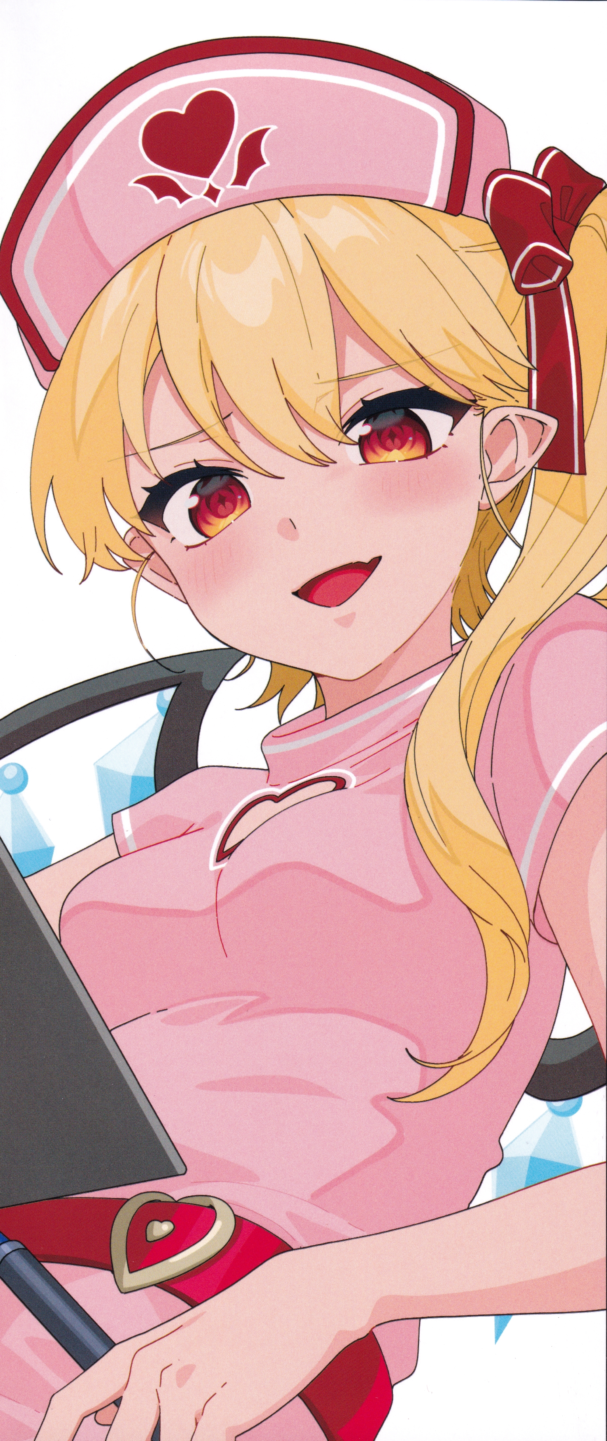 gotoh (nekocat), flandre scarlet, touhou, absurdres, highres, scan, third-party source, 1girl, :d, alternate costume, belt, blonde hair, bow, breasts, clipboard, clothing cutout, dress, hair bow, hat, heart, heart cutout, heart print, long hair, looking at viewer, nurse, nurse cap, one side up, open mouth, pink dress, pink hat, red belt, red bow, red eyes, short sleeves, simple background, small breasts, smile, solo, upper body, white background, wings