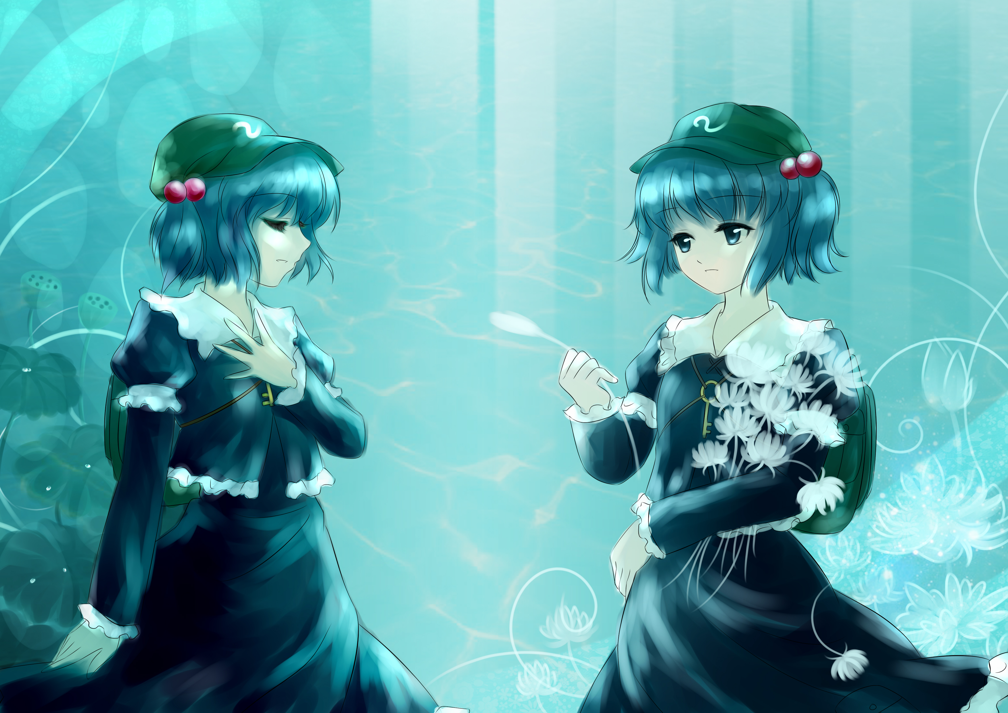 juuniya gekkatsuru, kawashiro nitori, touhou, absurdres, highres, 1girl, backpack, bag, blue eyes, blue hair, dual persona, female focus, flower, hair bobbles, hair ornament, hat, key, multiple views, plant, randoseru, short hair, standing, twintails, two side up