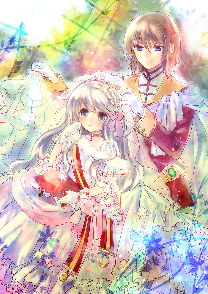 torii sumi, original, silver hair, bad id, bad pixiv id, blue eyes, bride, brown hair, dress, gloves, wedding dress