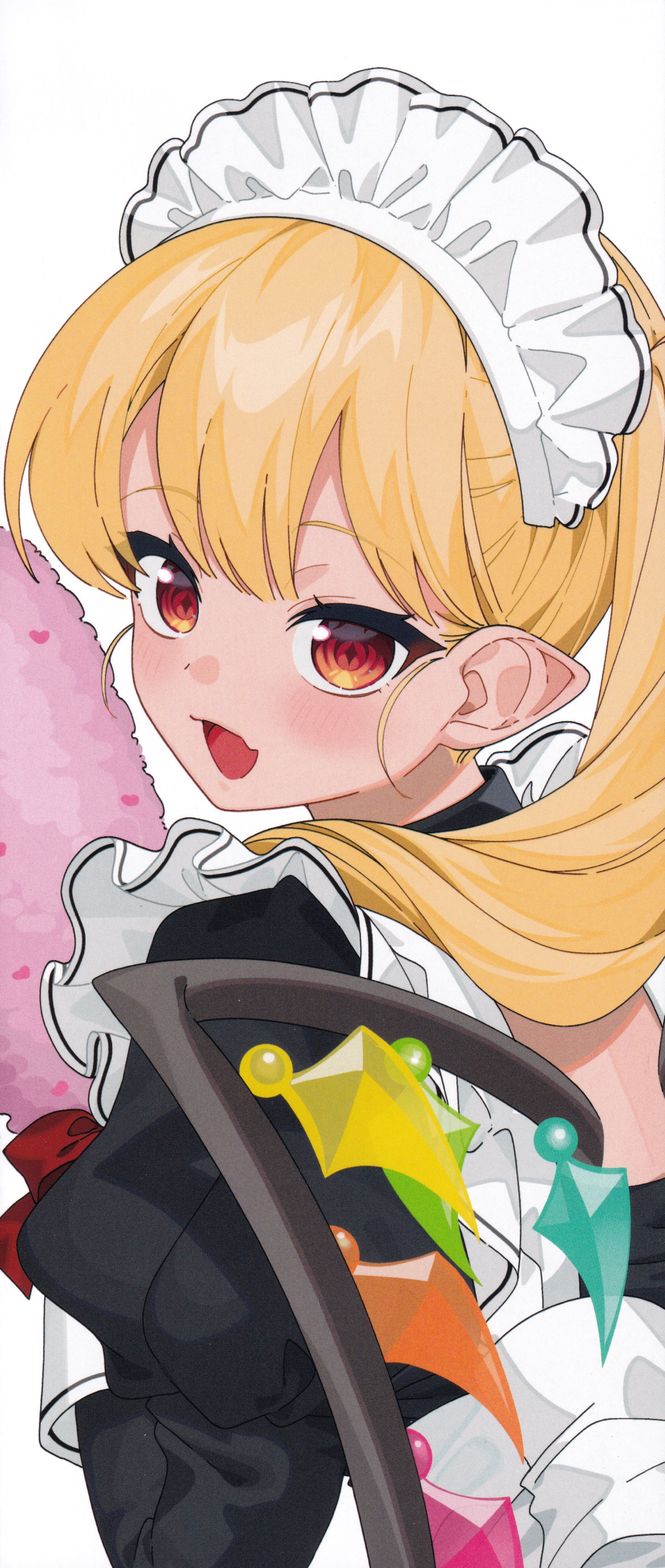 gotoh (nekocat), flandre scarlet, touhou, absurdres, highres, scan, third-party source, 1girl, :d, alternate costume, black dress, blonde hair, dress, duster, enmaided, fang, hair over shoulder, holding, holding duster, juliet sleeves, long hair, long sleeves, looking at viewer, looking back, maid, maid headdress, open mouth, pointy ears, puffy sleeves, red eyes, simple background, skin fang, smile, solo, upper body, white background, wings