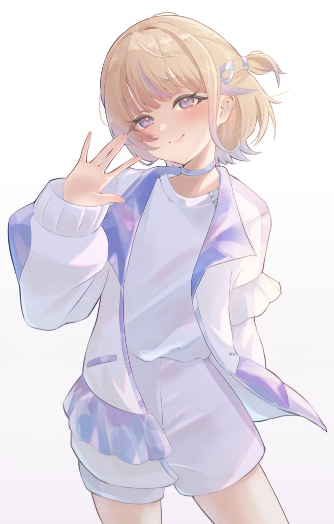 sawari 66, todoroki hajime, todoroki hajime (1st costume), hololive, hololive dev is, 1girl, blonde hair, choker, closed mouth, jacket, looking at viewer, purple eyes, purple streaks, shirt, short hair, shorts, smile, solo, two side up, virtual youtuber, white background, white choker, white jacket, white shirt, white shorts