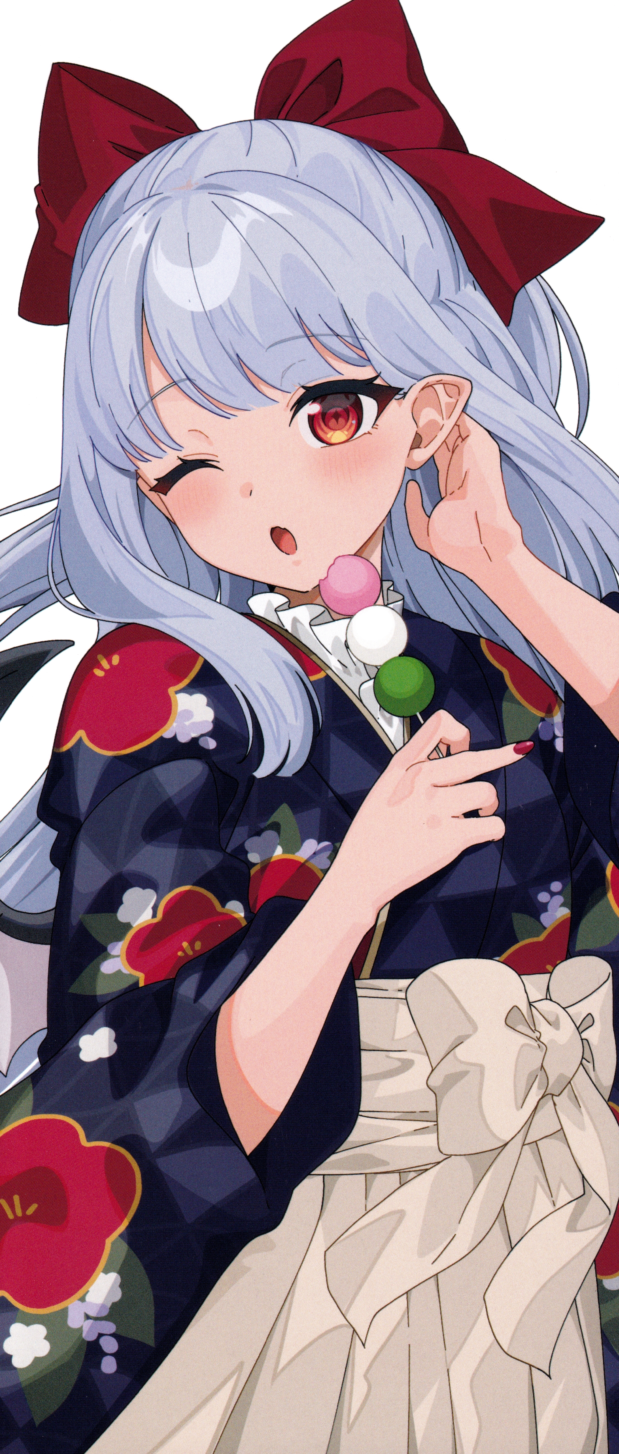 gotoh (nekocat), remilia scarlet, touhou, absurdres, highres, scan, third-party source, 1girl, ;o, alternate costume, alternate hair length, alternate hairstyle, bat wings, blue hair, blue kimono, bow, dango, floral print, floral print kimono, food, grey hakama, hair bow, hakama, hakama skirt, hand in own hair, holding, holding skewer, japanese clothes, kimono, long hair, long sleeves, nail polish, one eye closed, open mouth, pointy ears, print kimono, red bow, red eyes, red nails, sanshoku dango, simple background, skewer, skirt, solo, standing, upper body, wagashi, white background, wide sleeves, wings